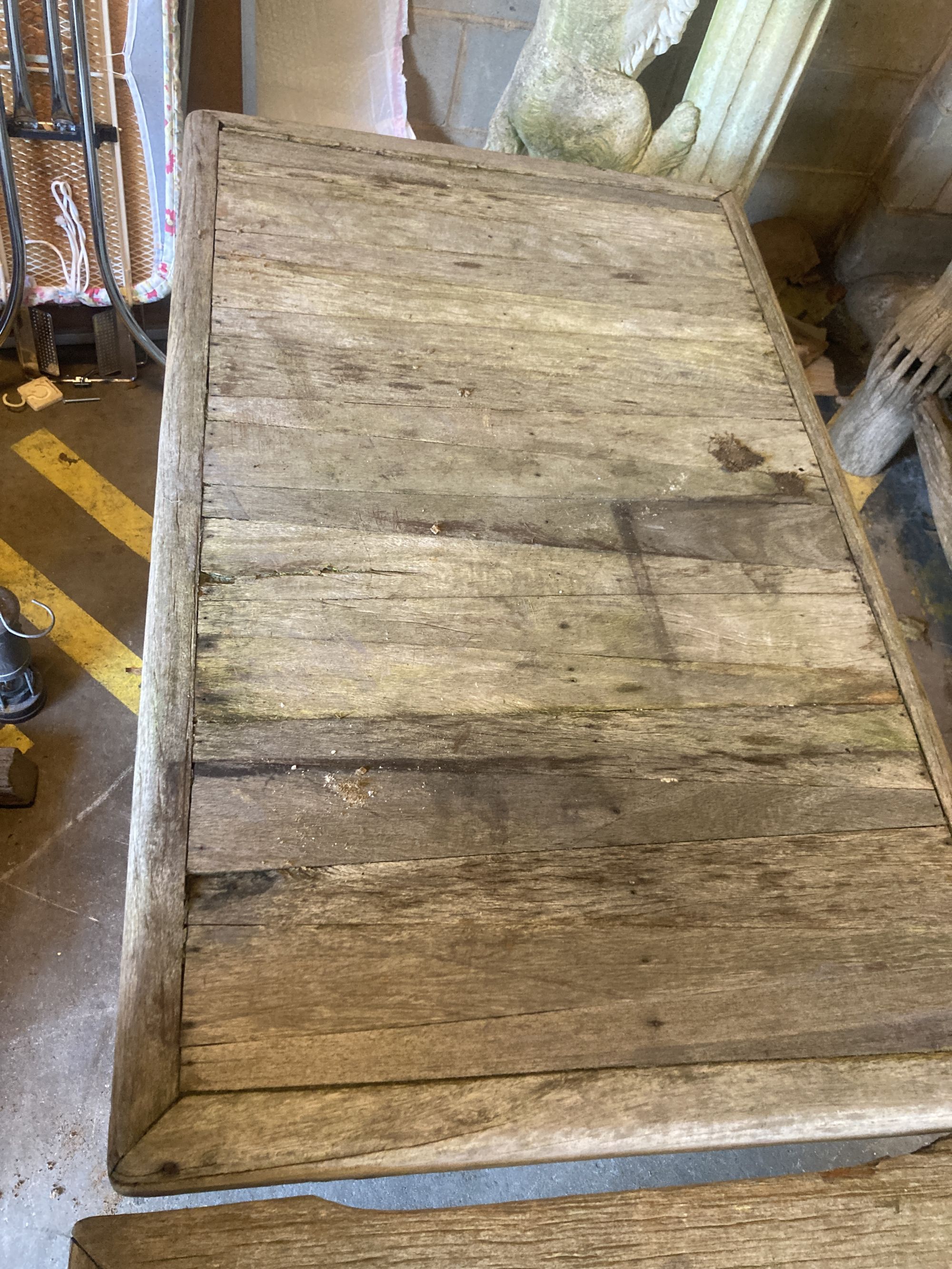 A rustic style weathered rectangular garden table, width 120cm depth 74cm height 70cm